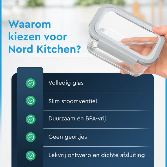 Nord Kitchen Vershoudbakjes Set - 5x1040ml - Glazen Deksel - Luchtdicht - Transparant