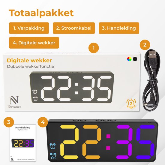 Nuvance - Digitale Wekker - Digitale Klok - Wekkers voor Kinderen & Volwassenen - Reiswekker - Slaapkamer - Led Wekkers Digitaal - Alarmklok - Zwart Kleur