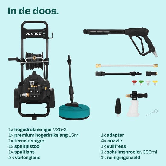 VONROC PRO Hogedrukreiniger V25-3 - 2500W – 180 bar - 468 l/u – inductiemotor – 15m premium slang - Incl. terrasreiniger, schuimsproeier en 5 nozzles