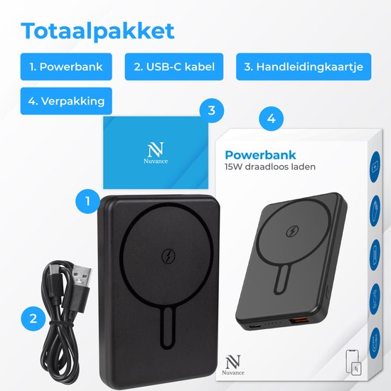 Nuvance Powerbank 10000 mAh - Geschikt voor MagSafe - 15W Snellader - Draadloze Powerbank - Usb-A 22.5W & Usb-C 20W - Zwart