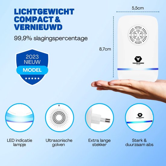 Vulpes Goods® Verjager - Ultrasone Muizenverjager PRO - 8-in-1 Ongedierte Verjager - Muizenverjager voor binnen - Pest Reject - Ongediertebestrijding - Insectenverjager - Muggenverjager - 4 Pack - Wit