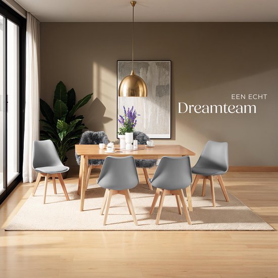 tectake® Eetkamerstoel Frederikke - Set van 6 Eetkamerstoelen met Gevoerde Stoffen Zitting - Massief Houten Poten - Ergonomische Stoelen geschikt voor Woonkamer, Eetkamer, Slaapkamer en Keuken - Draagkracht 120kg - Grijs