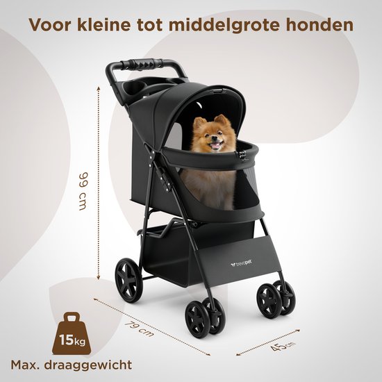 TrevoPet® Inklapbare Hondenbuggy - Voor Kleine en Middelgrote Honden tot 15 kg - Wandelwagen met Bekerhouder & Grote Opbergmand - Zwart