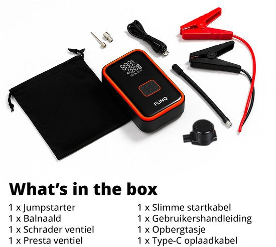 FlinQ 12V Jumpstarter voor Auto & Motor - 4-in-1 Luchtcompressor, LED Zaklamp, SOS Noodlicht & Powerbank - Elektrische Bandenpomp - Starthulp - Incl Opbergtas