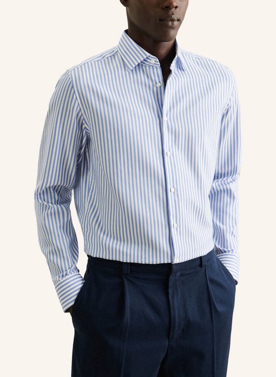 Seidensticker slim fit overhemd - mouwlengte 7 - popeline - blauw gestreept - Strijkvrij - Boordmaat: 41