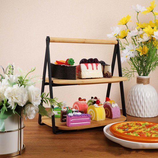 Etagère Bamboe - 2-laags - Inklapbaar - 30 cm Hoog - Houten Serveerschaal