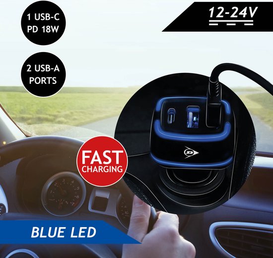 Dunlop Autolader USB - 2x USB-A en USB-C Aansluiting - Power Delivery/ Fast Charge 18W - Aansluiting op Sigarettenaansteker Auto - Kunststof - Zwart