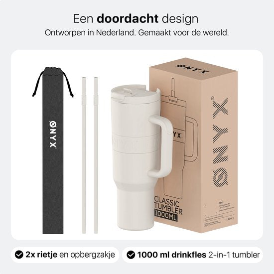 ONYX Drinkfles met Rietje 1 Liter - Waterfles voor Kinderen & Volwassenen - Thermosbeker RVS Travel Mug - Motiverende Drinkbus - Drinkbeker voor School - Coco White