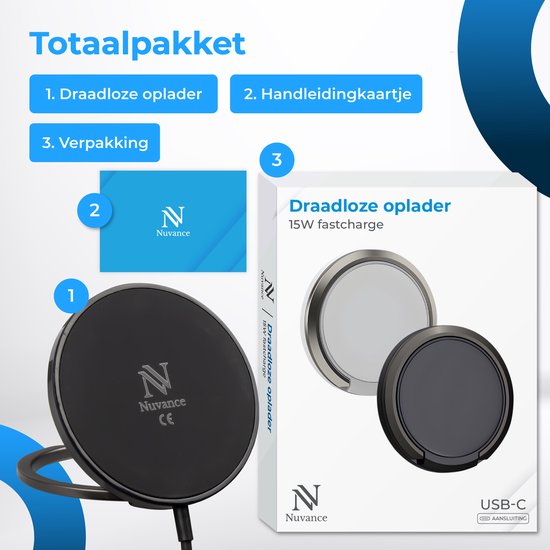 Nuvance Draadloze Oplader - 15W Snellader - Geschikt voor Magsafe - Wireless Charger - Incl. Usb-C Kabel - Zwart