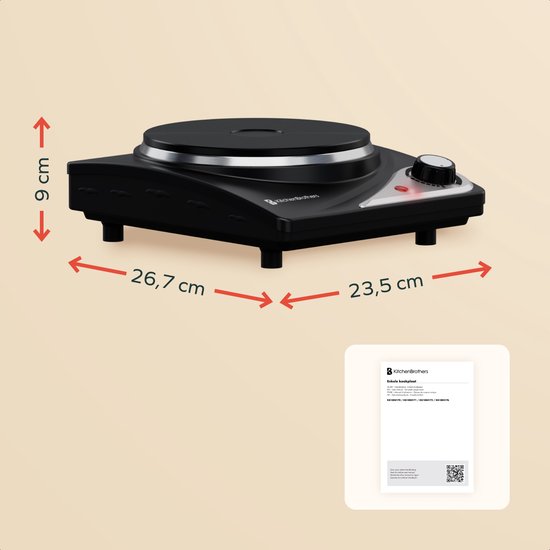 KitchenBrothers Elektrische Kookplaat - 1 Pits - Vrijstaand - 7 temperatuurstanden - 1500W - Zwart