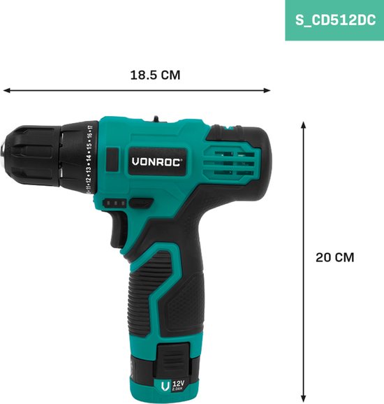 VONROC Accuboormachine 12V - Incl. Accu, usb-c kabel en 16-delige boor- en bitset