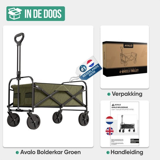 Avalo Bolderkar Opvouwbaar - Tot 90KG draagvermogen - 80L - 80x47x49 CM - 360º Wielen - Bolderwagen / Bolderkarren / Strandkar / Trekkar / Plooibare Bolderkar - Voor Strand - Groen