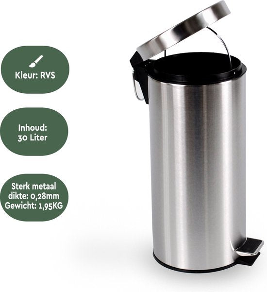 BRASQ Pedaalemmer 30 Liter - RVS - PB130 - Prullenbak met uitneembare Pedaalemmer - Prullenbak - Vuilnisbak - Vuilbak - Afvalbak