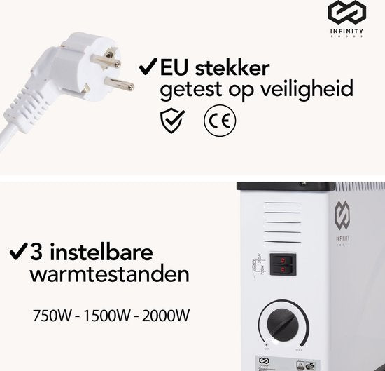 Infinity Goods Elektrische Convectorkachel - Turbo Functie en Ventilator - 750 / 1500 / 2000W - Verstelbare Thermostaat - Radiatorkachel - Oververhittingsbeveiliging - 35m² - Zwart/Wit