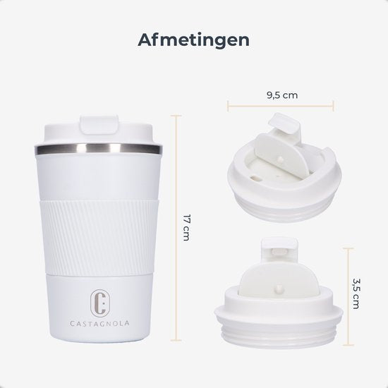 Castagnola Thermosbeker - Koffiebeker To Go - Travel Mug voor Koffie en Thee - Theebeker - 380 ML - RVS - Wit