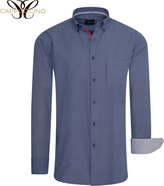 Cappuccino Italia - Heren Overhemden Regular Fit Overhemd Navy Dotted - Blauw - Maat XL