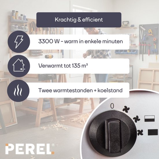Perel Elektrische ventilatorkachel 3300W, 2 warmtestanden, thermostaat en koelstand, IP24, met oververhittingsbeveiliging, compacte draagbare heater voor werkplaats, garage, hobbyruimte