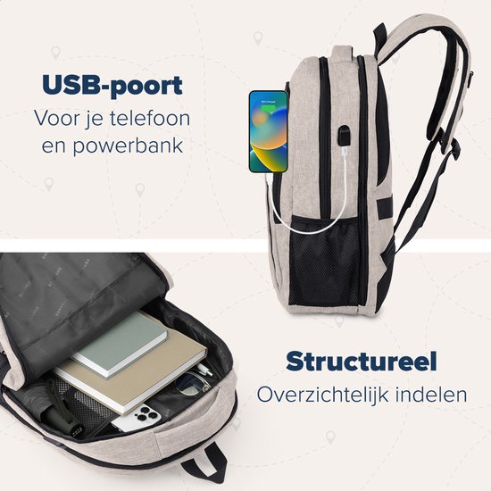 TRVLMORE Rugtas - 36L - 17,3 Inch - Laptop Rugzak met USB - Schooltas - Heren en Dames - Tas Champagne