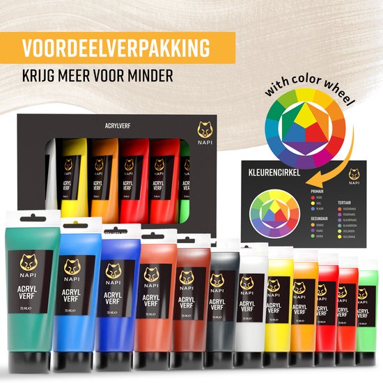 NAPI Acrylverf 12x75 ML - Grote Flessen - Inclusief Kleurencirkel - Voordeel Set - Hobbyverf - Schilderen Acryl Verf - 12 Kleuren
