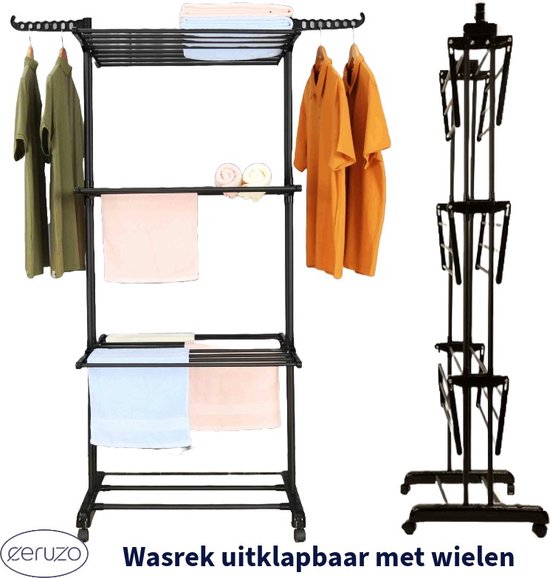 Wasrek Inklapbaar - 75x64x178 cm - Wastoren - Droogtoren met Wieltjes - Zwart