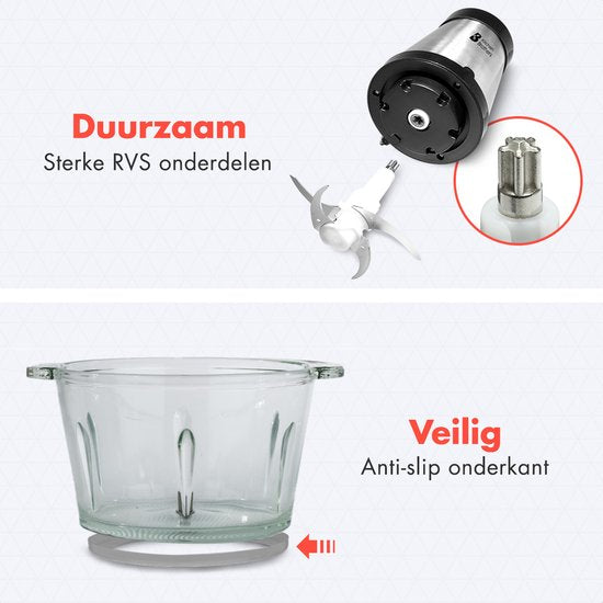 KitchenBrothers Hakmolen - Food Chopper - Elektrisch - 2 Snelheden - 300W - 1,8L - Glazen Kom