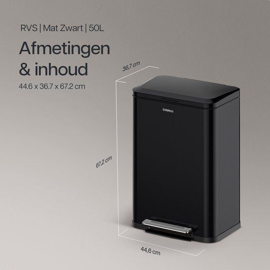 Deleca Prullenbak Prestige - 50 Liter - Breed - RVS Vuilnisbak / Afvalemmer / Pedaalemmer - Met Voetpedaal en Slow Close - Mat Zwart