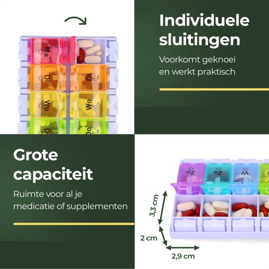 Gandria Pillendoos 7 Dagen - Pillendoosje - Pillendoosjes met 14 Compartimenten - Medicijndoos met Stevige Sluiting - Grote vakken - Verschillende kleuren