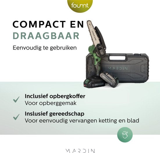 Mardin Mini Kettingzaag - Elektrische Takkenzaag - Snoeizaag - Houtzaag - Handkettingzaag - Boomzaag - Zaagmachine - Heggenschaar - 2 Accu's - Opbergkoffer - Groen