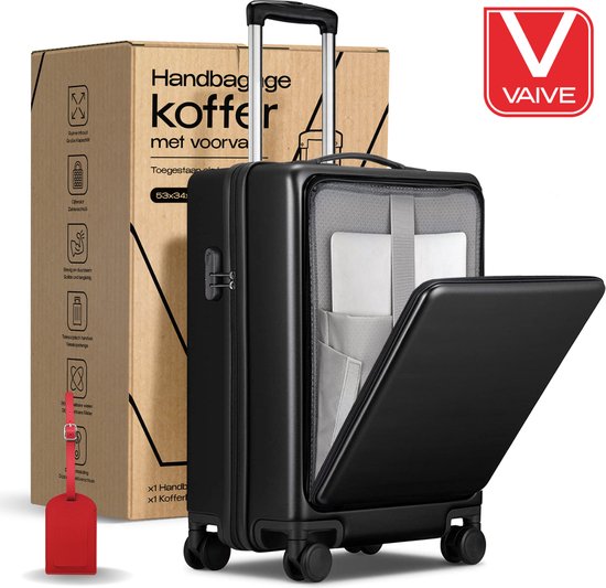 VAIVE Handbagage Koffer Met Voorvak - 43L Koffer - Lichtgewicht Trolley - Zwart