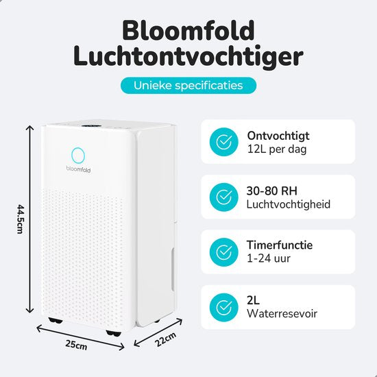 Bloomfold Luchtontvochtiger - 12L per Dag - Incl. Was-droog Functie - Geschikt voor Woonkamer, Slaapkamer, Kelder & Badkamer - Dehumidifier - Wit