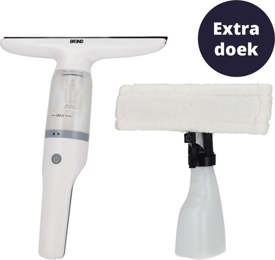 BREND BR-2218 Elektrische Raamwisser en Sprayfles – Ramenwasser met Zuigsysteem voorkomt Lekken - Met Extra Schoonmaakdoek - USB-C-oplaadkabel - Wit