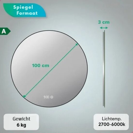 Mirlux Badkamerspiegel met LED Verlichting & Verwarming – Wandspiegel Rond – Anti Condens Douchespiegel - Mat Zwart - 100CM