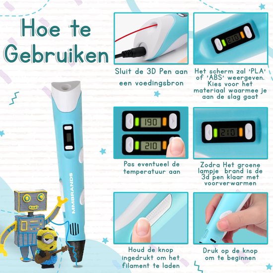 MM Brands 3D Pen Starterspakket - Inclusief 100m Filament in 10 Kleuren - Extra Lange Laadkabel - Geschikt voor ABS & PLA Filament - Blauw