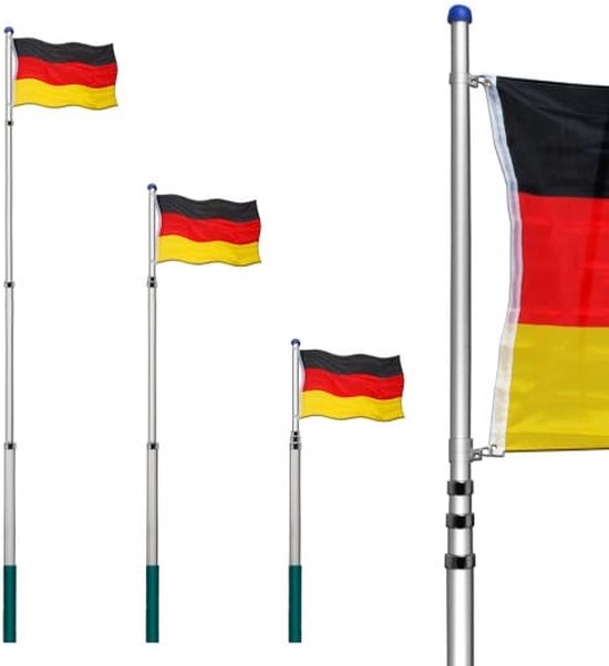 Telescopische vlaggenmast aluminium incl Duitse vlag 630cm zwart rood goud zilver