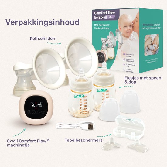 Qwali comfort flow Elektrische draadloze Borstkolf - BPA vrij - incl. 2 Melkflesjes -
