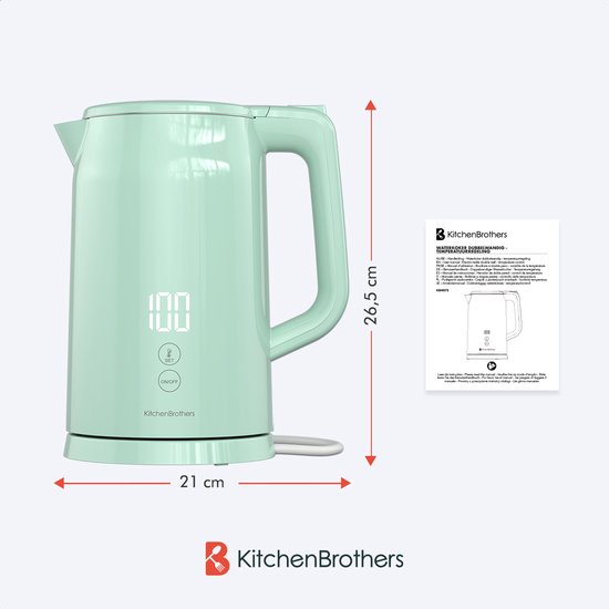 KitchenBrothers Waterkoker - 1.7L - Met Temperatuurregeling - Elektrisch - Warmhoudfunctie - Display - Dubbelwandig - Cool-touch - 2200W - Pastelgroen