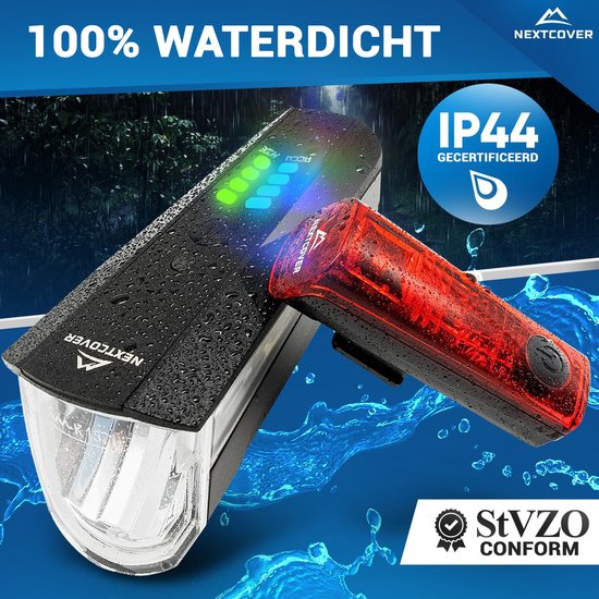 NEXTCOVER® Fietslampjes LED Set 80 Lux Basic - Wit en Rood met "LightSense" sensor schakelaar inbouw en 11u batterijduur - USB oplaadbaar & waterdicht - StVZO (Duitsland) goedgekeurd- LED fietslicht voor fietslamp & fietsachterlicht, fietsverlichting