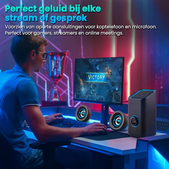 PC Speakers - Met Bluetooth 5.0 - Computer Speakers - Speakers voor PC - USB-C en USB-A - Complete 3-Delige Set - Speakerset - Zwart en Blauw - Faas