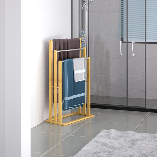 Casaria Handdoekhouder - staand - 3 stangen - bamboe - RVS, 46x24x84cm, bruin