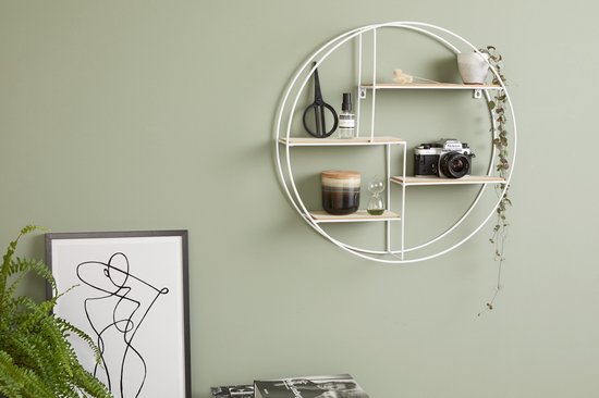 LIFA LIVING Wandrek Ronda - Wandplank Industrieel - Metaal en MDF Hout - 4 Planken - Rond Kruidenrek - Wit - Voor Keuken, Slaapkamer, Woonkamer - 55 x 11 x 55 cm