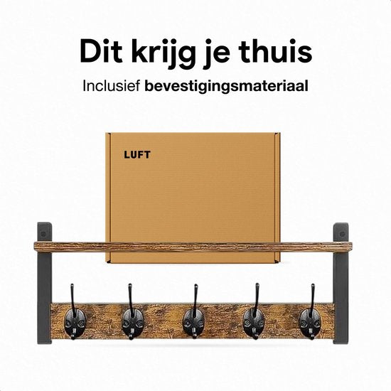 Wand kapstok met plank - 10 haken - Hangend - Kapstokken - Kleer - Kleding - Hangers - Vintage - Muur - Industrieel - Hout - Garde robe - Zwart - Luft