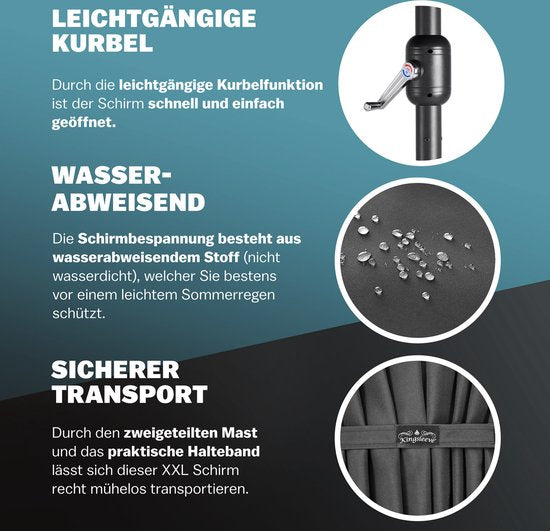 Kingsleeve Dubbele Parasol XXL met Zwengel – 100% polyester - Antraciet - 460x270 cm
