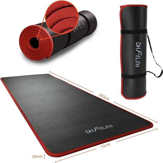 DH FitLife Trainingsmat, fitnessmat, sportmat, 183 x 61 x 1 cm, extra scheurvast, yogamat, antislip en dik, workout mat (zwart)