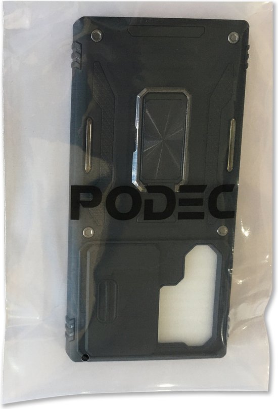 Podec Hoesje met Screenprotector - Geschikt voor Samsung Galaxy S23 Ultra - Zwart Telefoonhoesje - Anti-Shock Case - Hybrid Armor Hoes met Kickstand Ring