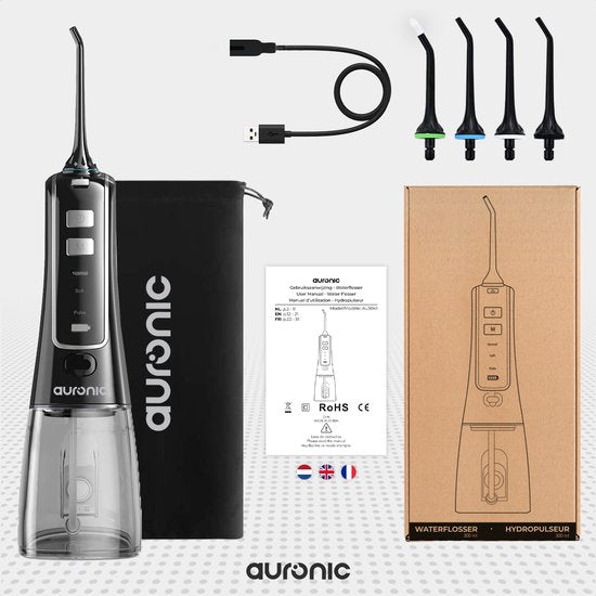 Auronic Waterflosser - Monddouche Elektrisch - 3 Standen - Draadloos en Oplaadbaar - 300 ml - 4 Opzetstukjes - Zwart
