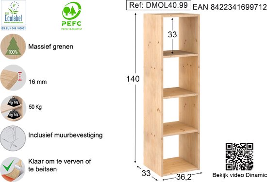 Astigarraga Open vakkenkast - 4 vakken - PEFC grenen - 140x36cm