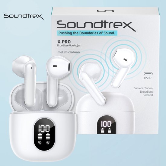 Soundtrex X-Pro Draadloze oordopjes - Bluetooth Oordopjes - Oortjes draadloos - Earpods - LED Display - Bluetooth 5.3 - Wit