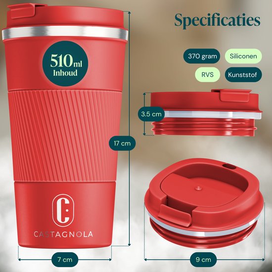 Castagnola Thermosbeker - Koffiebeker To Go - Travel Mug voor Koffie en Thee - Theebeker - 510 ML - RVS - Rood