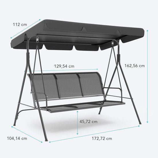 LifeGoods Schommelbank - 3-zits - tot 250KG - Kantelbaar Dak - UV-bestendig Zonnescherm - 172x104x162cm - Grijs