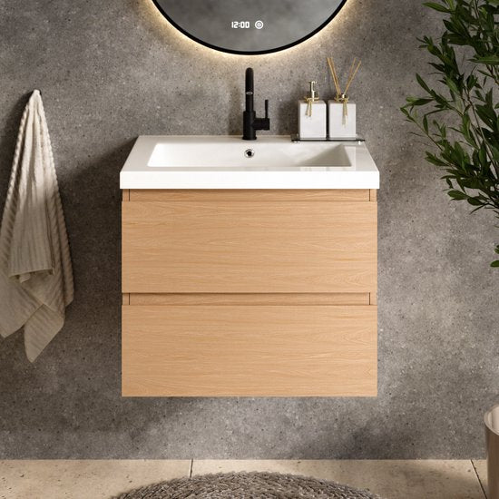Mirlux Badkamermeubel Licht Eiken 60 cm - Wastafel Wit - Badmeubel set - Licht Eiken